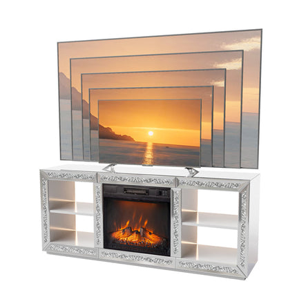 Silver Mirror Modern TV Stand With 18 Inch Fireplace Insert & Storage