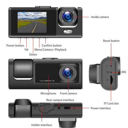 Car Dual Lens Dash Cam HD 1080P Front Rear Inside Video Recorder