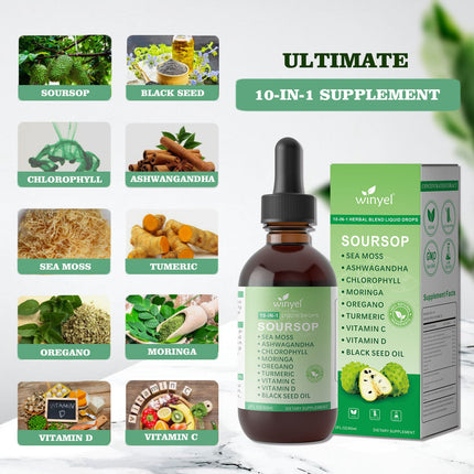 Soursop Drops 10-in-1 With Seaweed, Moringa, Black Seed Oil, Oregano,