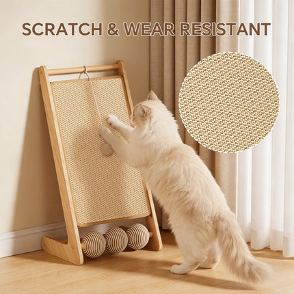 Large Vertical Sisal Cat Scratcher With Balls, Wooden Frame -Sisal