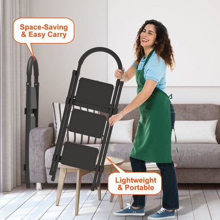 1Pc 3Step Foldable Ladder With Wide Anti-Slip Pedal Safety Locking