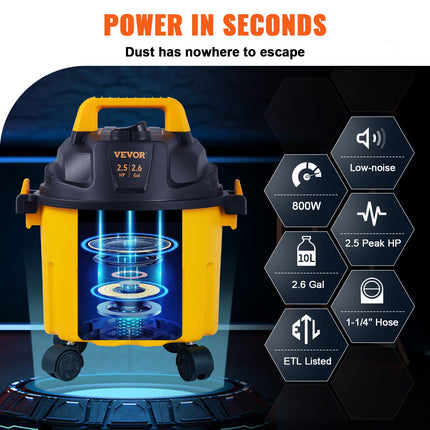 VEVOR Wet Dry Vac, 2.6 Gallon, 2.5 Peak HP, 3 In 1 Shop Vacuum With