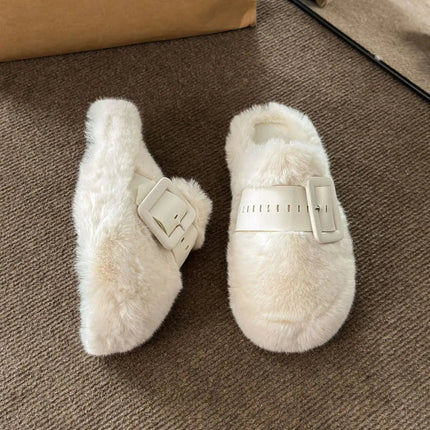 Faux Fur Buckle Slippers