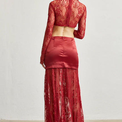 Satin & Lace Cutout Maxi Dress – Tie Front Elegance