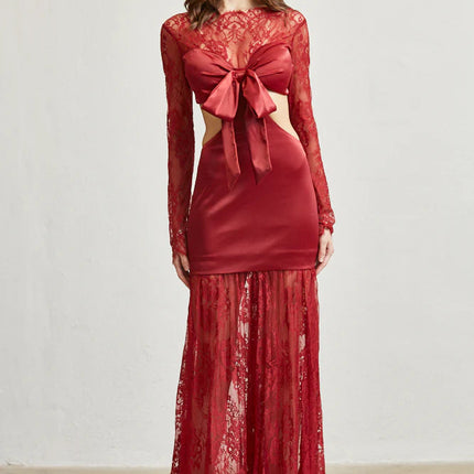Satin & Lace Cutout Maxi Dress – Tie Front Elegance