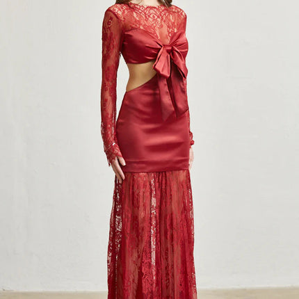 Satin & Lace Cutout Maxi Dress – Tie Front Elegance