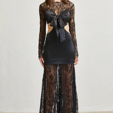 Satin & Lace Cutout Maxi Dress – Tie Front Elegance