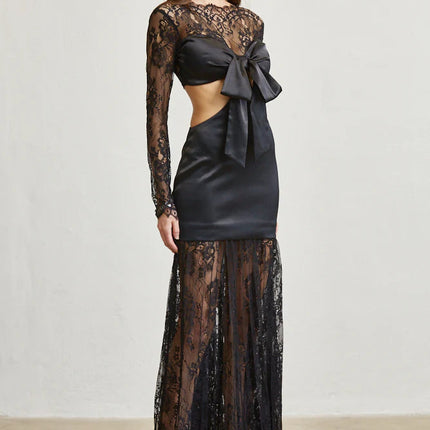 Satin & Lace Cutout Maxi Dress – Tie Front Elegance