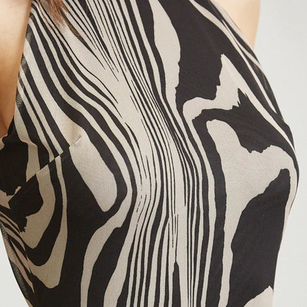 Abstract Wave Print Mesh Maxi Dress  with Open Back