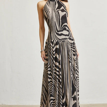 Abstract Wave Print Mesh Maxi Dress  with Open Back