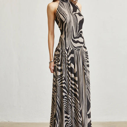 Abstract Wave Print Mesh Maxi Dress  with Open Back