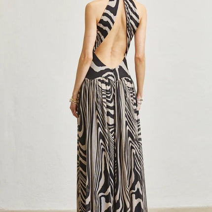 Abstract Wave Print Mesh Maxi Dress  with Open Back