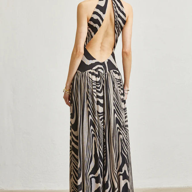 Abstract Wave Print Mesh Maxi Dress  with Open Back