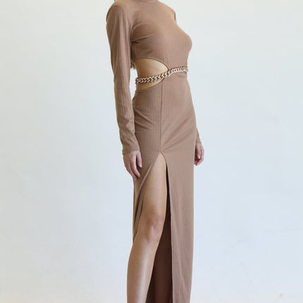 Sleek Chain-Belt Slit Dress