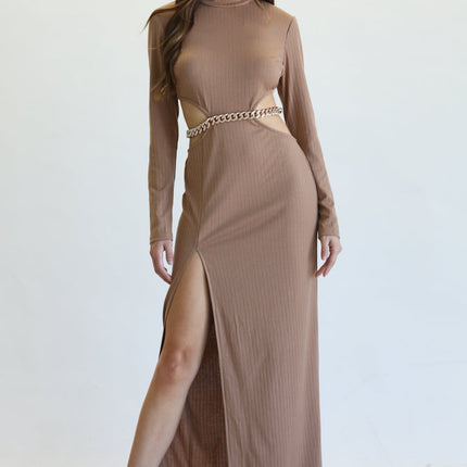 Long Sleeve Ribbed Maxi Dress with High-Neck & Cutout waist