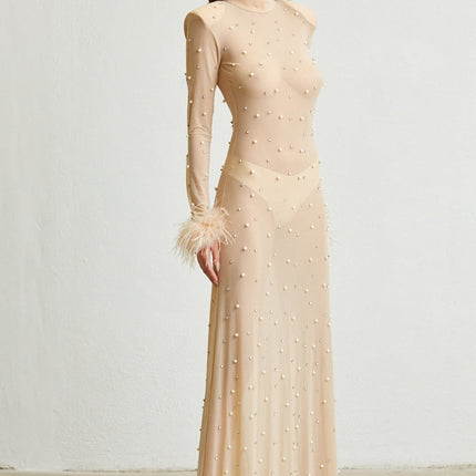 Sheer Maxi Dress - Faux Feather Cuffs - Magnolia
