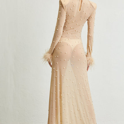 Sheer Maxi Dress - Faux Feather Cuffs - Magnolia