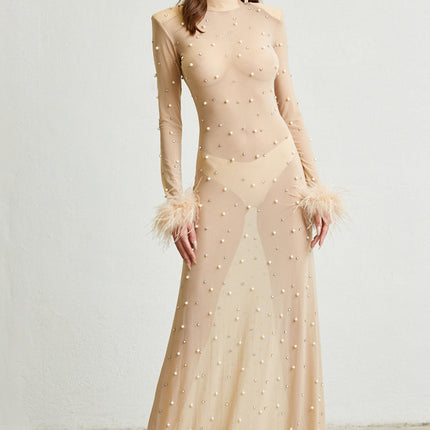 Sheer Maxi Dress - Faux Feather Cuffs - Magnolia