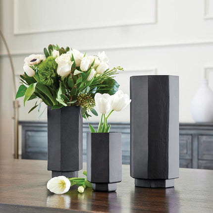 Matte Black Glass Hurricane Vase | Small Hexagonal Flower Vase | 3.5"