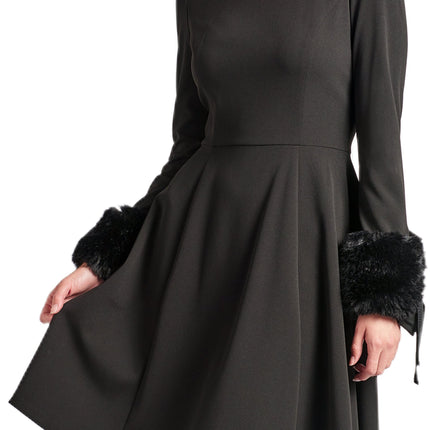 Caroline Dress - Long Sleeve Fit & Flare Black Dress with Faux Fur