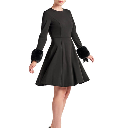 Caroline Dress - Long Sleeve Fit & Flare Black Dress with Faux Fur