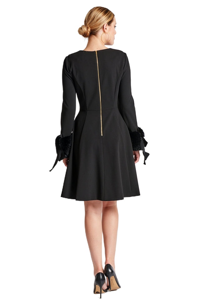 Caroline Dress - Long Sleeve Fit & Flare Black Dress with Faux Fur