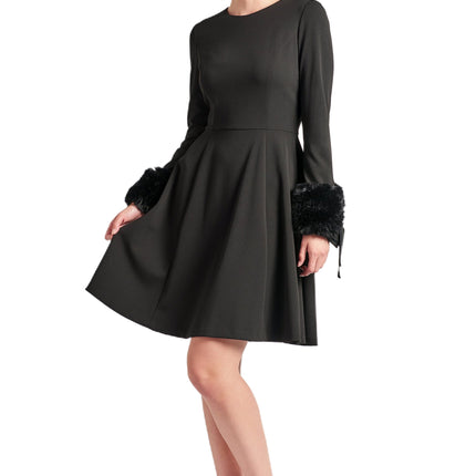 Caroline Dress - Long Sleeve Fit & Flare Black Dress with Faux Fur