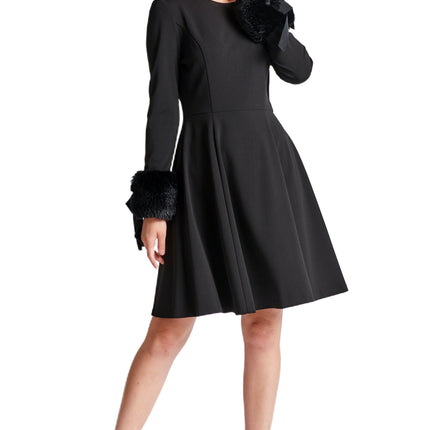 Caroline Dress - Long Sleeve Fit & Flare Black Dress with Faux Fur