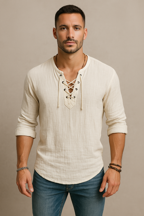 Men’s Lace-Up Linen Shirt – Casual Vintage Look, Short Sleeves