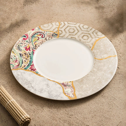 Silk Mosaic Porcelain Dinner Plate 11.25" Gold-Rimmed Kintsugi Style