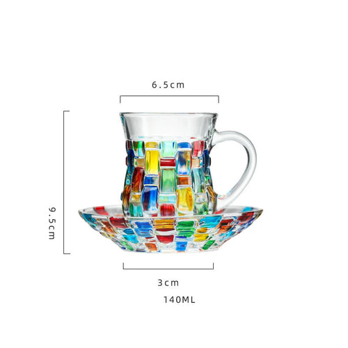 Retro Hand-Painted Colored Glass Cup with Handle & Saucer – Coffee &