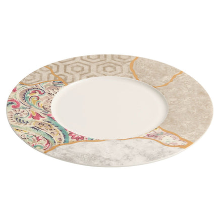 Silk Mosaic Porcelain Dinner Plate 11.25" Gold-Rimmed Kintsugi Style