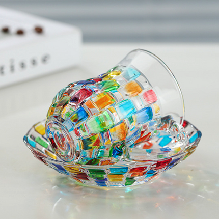 Retro Hand-Painted Colored Glass Cup with Handle & Saucer – Coffee &