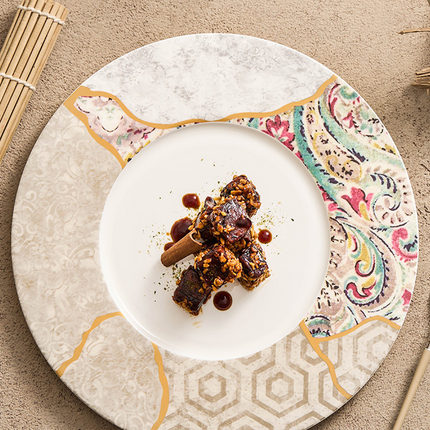 Silk Mosaic Porcelain Dinner Plate 11.25" Gold-Rimmed Kintsugi Style