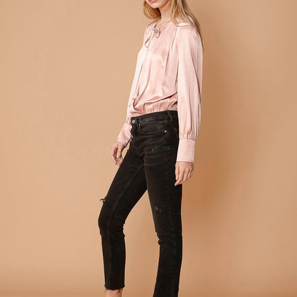 Tie-Neck Long Sleeve Bodysuit in Fall Pink