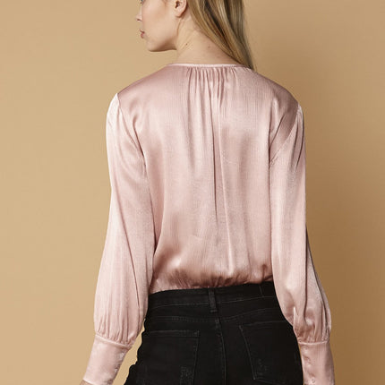 Tie-Neck Long Sleeve Bodysuit in Fall Pink