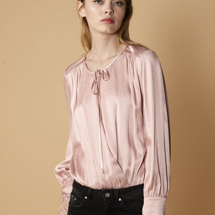 Tie-Neck Long Sleeve Bodysuit in Fall Pink