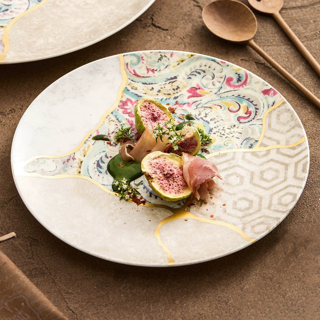 Silk Brocade Gold-Thread Shallow Plate — Artisanal Porcelain