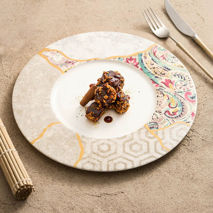 Silk Mosaic Porcelain Dinner Plate 11.25" Gold-Rimmed Kintsugi Style