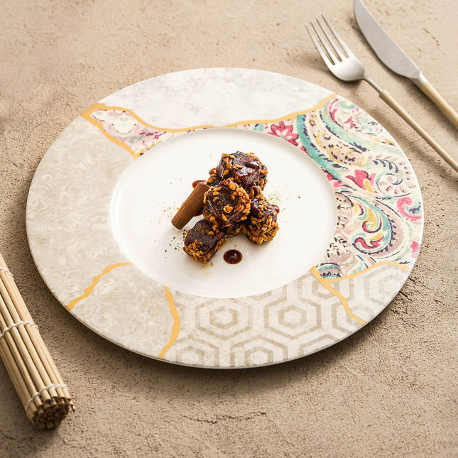 Silk Mosaic Porcelain Dinner Plate 11.25" Gold-Rimmed Kintsugi Style