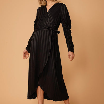 Women's Puffy Shoulder Dress in Black Stripe