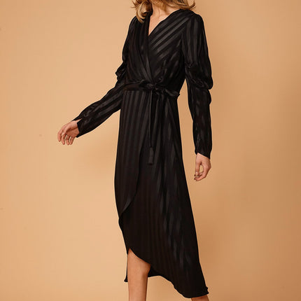 Women's Puffy Shoulder Dress in Black Stripe