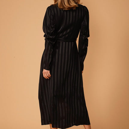 Women's Puffy Shoulder Dress in Black Stripe