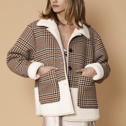 Women's Plaid Fur Jacket in Rust Houndstooth