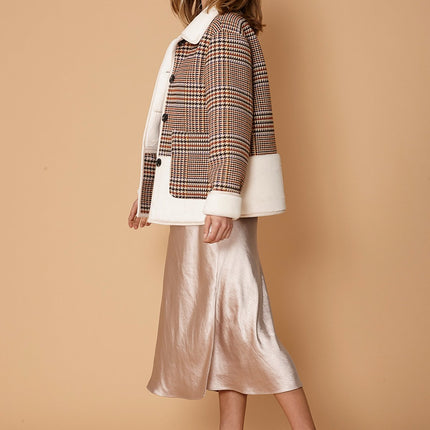 Women's Plaid Fur Jacket in Rust Houndstooth