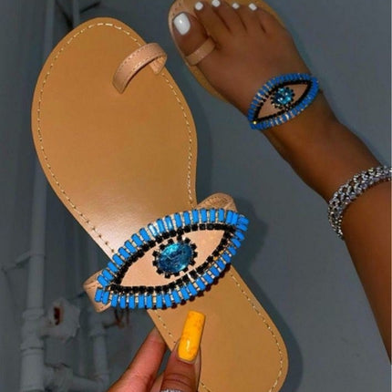 Female Rhinestone Eyes Slides Fashion Round Toe Flat Slippers