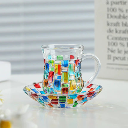 Retro Hand-Painted Colored Glass Cup with Handle & Saucer – Coffee &