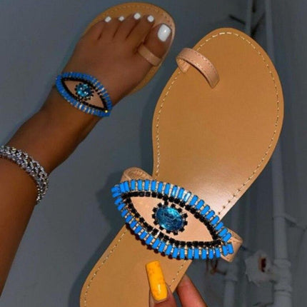 Female Rhinestone Eyes Slides Fashion Round Toe Flat Slippers