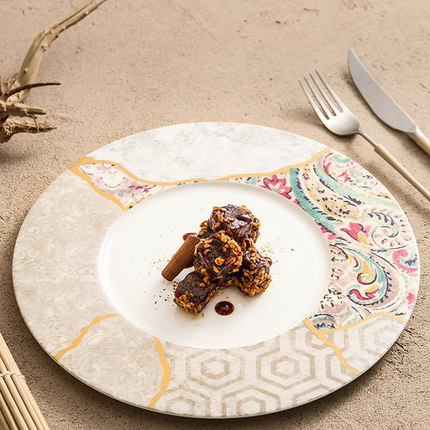 Silk Mosaic Porcelain Dinner Plate 11.25" Gold-Rimmed Kintsugi Style