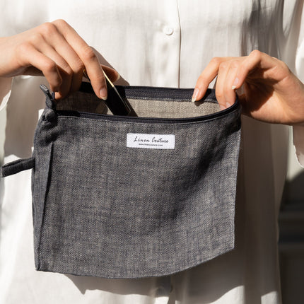 Double cloth linen large makeup bag with zipper